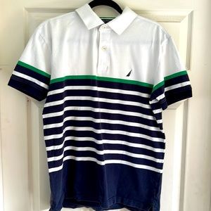 Vintage Nautica polo in cool white, dark blue & green stripes.  Size Large.